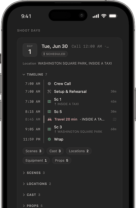 iOS shoot-day view: Day 1, Tue Jun 30, scheduled at Washington Square Park, with a live call-sheet timeline from Crew Call through Wrap